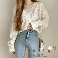 【新品未使用】ニットカーディガン レディース 透かし レース編みカーデ 春 vネックニット 長袖 パールボタン トップス 新作 かぎ針編み 羽織り lycp132