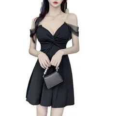 [Takusan Shopping] フレアドレス パール ミニドレス キャバ オフショルダー 胸元セクシー ミニワンピース ミニタイト 肩紐 カシュクール (JP, アルファベット, M, ブラック) [ブラック] [M]