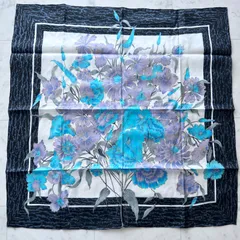 未使用美品 大判スカーフ タイシルク100％ 花柄 青×パープル