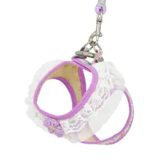 ☆ パープル ☆ M ☆ ペット 犬 ハーネス リード付き かわいい ハーネスリード 犬 かわいい ハーネス リード付き ハーネスリードセット ハーネス＆リード 胴輪 首輪 リードセット レース 花 簡単装着 一体型 犬用 猫用 ペット 小型犬 いぬ イヌ