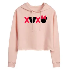 【送料無料】 ディズニー レディース Tシャツ トップス Disney's Mickey & Minnie Mouse Juniors' XOXO Cropped Hoodie Pink