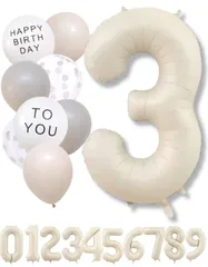 【在庫処分】くすみ 風船セット ナンバーバルーン 誕生日 アイボリー 大きい バースデー ベージュ バルーン デコレーション 数字 (3 Kissa くすみホワイト) La