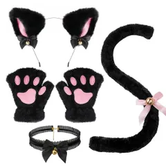 【在庫セール】小物 仮装 ハロウィン 鈴付き 黒 4点セット チョーカー しっぽ 肉球手袋 カチューシャ 猫耳 mefeny