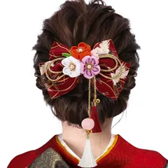 『特価』 りぼん 和風 飾り 鈴付き 髪 成人式 つまみ細工 七五三 女の子 振袖 浴衣 子供 和装 ヘアアクセサリー 着物 卒業式 1枚 袴 (E リボン 髪飾り ワイン) [OTAKUMARKET]