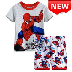 ✨新品✨ スパイダーマン パジャマ 半袖 子供服 男の子 キッズ 100/110/120/130 上下セット 夏用 キャラクター アメコミ 綿100% コットン 部屋着 プレゼント  グレー半袖Tシャツ&白ショートパンツ キッズパジャマ 半袖パシャマ
