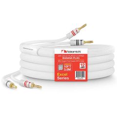 Nakamichi Excel Series 24k Gold Plated Speaker Cable with Banana Plugs (10 Feet) - 99.9% Oxygen-Free Copper (OFC) Heavy Duty Braided for Amplifiers, Hi-Fi, and Home Theater - White