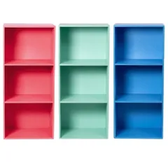 カラーボックス3段 　3個セット（コーラルレッド/ミントグリーン/ブルー）本棚　カラフル　おもちゃ　教科書　絵本　子供部屋　家具　木製　３段　３個（コーラル１、ミント１、ブルー１）※※北海道・沖縄県・離島別途送料有・説明文をお読みください※※