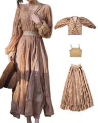 【人気商品】シアー 上品ドレスおしゃれ きれいパーティー ゆったり仕様着痩せ パフスリーブ長袖ブラウス+キャミソール+レースロングスカート 結婚式 結婚式ドレス3点セットアップ レディース 通勤 きれいめレースドレス ワンピース 二次会ワンピース Collec