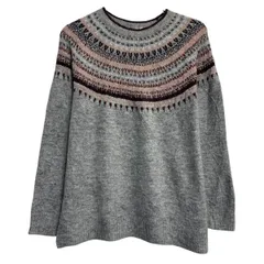 ニット セーター アクリル混 レディース S グレー マルチカラー プルオーバー フェアアイル 柄 秋冬 古着卸 アメリカ仕入 a612-5335