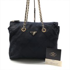 良品 PRADA プラダ 三角ロゴ ナイロン テスート キルティング チェーン ショルダー トート バッグ ネイビー k3706