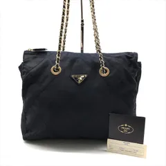 良品 PRADA プラダ 三角ロゴ ナイロン テスート キルティング チェーン ショルダー トート バッグ ネイビー k3706