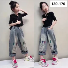 キッズ ダボパン 子供服 セットアップ 上下セット Tシャツ+ジーンズ 2点セット 夏 ジュニア ダメージ加工 女の子 ジュニア tシャツ 薄手 半袖 長パンツ 長ズボン トップス ボトムス カジュアル 誕生日 プレゼント KSGA023(120-170)