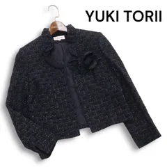YUKI TORII ユキトリイ 秋冬 コサージュ♪ ラメ チェック フリル ジャケット 羽織り Sz.38 レディース 紺のサムネイル