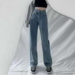 ☆ ライトブルー ☆ M ☆ デニムパンツ ストレート レイヤード風 レディース おしゃれ デニムパンツ レディース おしゃれ ジーパン Gパン ストレート デニム ジーンズ ロング丈 ワイドパンツ ボトムス ズボン パンツ 長ズボン 腰高 ハイライズ
