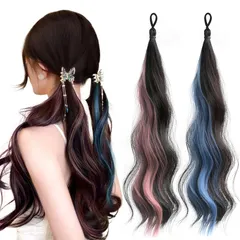 カール 巻き髪 ロング 耐熱 メッシュ ゴム付き ２本 レディース ポニーテールウィッグ 三つ編み ヘアエクステ お団子 子供 ダンス（ピンク＋青） エクステ