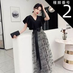 종류 2:블랙 미들 길이/2XL 이브닝 드레스 프렌치 드레스 원피스 롱 스커트 원피드 드레스 롱 미들 길이 반소매 플레어 슬리브 V넥 A라인 리본