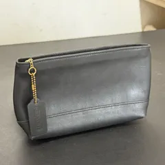 【美品/オールドコーチ 黒 レザーポーチ】COACH ヴィンテージ 本革 化粧ポーチ/マルチケース/クラッチ ゴールド金具 ファスナー開閉 ストライプ内装 タグ付き 23×13.5×5.5cm メンズ/レディース 旅行 小物入れ コスメ・ペン・ガジェット収納に