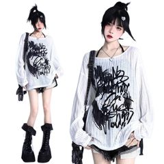 [Ligwon] 地雷系 トップス Tシャツ サブカル系 かわいい セクシー レディース 長袖 ファッション おしゃれ ホワイト グレー 原宿系 韓国系 春 夏 秋 ハロウィーン