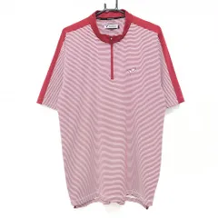 【美品】ツアーステージ 半袖ハイネックシャツ レッド×白 ボーダー ロゴ刺しゅう ハーフジップ メンズ LL ゴルフウェア TOURSTAGE