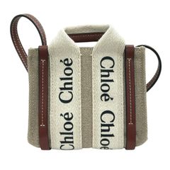 極美品 クロエ ウッディ ナノ 2WAY トート グレー ホワイト ブラウン CHC22AP235 レディース リネン カーフ ショルダーバッグ ハンドバッグ ♯0209010484