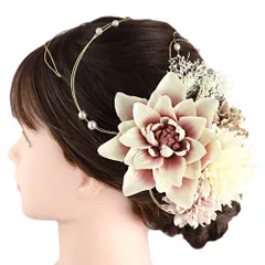 髪飾り 成人式 水引 振袖 前撮り 袴 花 7点セット クリーム色 白 ベージュ サーモンピンク ゴールド 花 カスミソウ 造花 パー No.12-0988