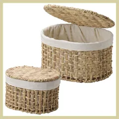 『ウォーターヒヤシンス』（２Ｐセット）蓋・布付き楕円タイプ収納ケース／ナチュラル　※かご,インテリア,ボックス,フタ,バスケット,籐風,カントリー,おしゃれ,レトロモダン,小物入れ,人気素材,天然素材