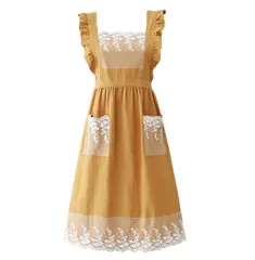 [ReiLuana] エプロン レディース 肩掛け フリル レース 刺繍 ロング 丈 調節 北欧 風 カフェ 花屋 (オレンジ) [オレンジ]