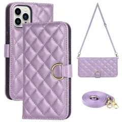 【在庫処分】チェック柄 リング カード収納 ストラップ レザー 手帳型 iphone12プロマックスケース ケース ケース 耐衝撃 Max Pro 12 iPhone max マグネット(6.7インチ対応)-パープル pro いphone12 スマホショルダー