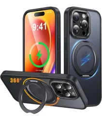 ★iPhone 13 Pro 用 ケース Magsafe対応 ワイヤレス充電 360°回転スタンド 縦横両対応 Gunwon スマホケース iphone13 Pro 用 米軍規格 耐衝撃 半透明 マット感 マグセーフ アイフォン13プロ 用 カバー「ブラック」