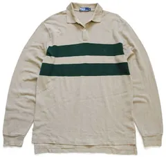 00s ポロ ラルフローレン ライン入り コットン 鹿の子 長袖ポロシャツ グレーベージュ×緑 M★オールド ロゴ刺繍 ワンポイント ボーダー