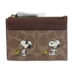 コーチ COACH タグ付き ミニ スキニー ID ケース シグネチャー キャンバス スヌーピー プリント SNOOPY コラボ コインケース カードケース レザー 茶 ブラウン