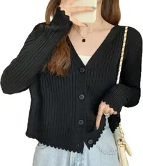 Free Size_ブラック [J.STORE] 7色展開 レースヘム ショート丈 カーディガン vネック リブ ニット 春 薄手 可愛い カワイイ 羽織もの サマーニット 長袖 軽い 夏 春夏 サラサラ オシャレ キレイメ オフィス 韓国 上着 ストレッチ