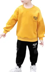 [ウェアビー]スウェット 上下セット セットアップ ジョガーパンツ スウェットシャツ キッズ ボーイズ アクティブウェア パジャマ 寝巻 子供服 韓国 男の子 女の子 キッズ服 ロゴプリント バックプリント ロゴ テーパード ドロップシ [イエロー] [90]