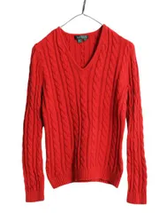 【お得なクーポン配布中!】 90s LAUREN ラルフローレン Vネック コットン ケーブル ニット セーター レディース M / ポロ 長袖ニット 無地 ポニー無し シンプル レッド