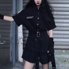 암 워머 포함 반소매 올인원 콤비네손 점프 슈트 블랙 블랙