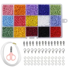【数量限定】ビーズ 3mm 手芸 セット 約7500個 収納ボックス付き ガラスビーズ ミニ 穴あり シードビーズ 15 色 アクセサリーキット ビーズ DIY ジュエリー用 ビーズチップノットカバー、ロブスタークラスプ、はさみ、オープンジャンプリング付き