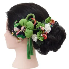 髪飾り 成人式 つまみ細工 振袖 前撮り 袴 花 浴衣 夏祭り 花火大会 ３点セット 若緑色 抹茶 椿 浴衣 かんざし 髪型 ヘアスタ No.9-3842