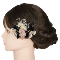 七五三 髪飾り 三歳 七歳 日本髪 花 2点セット 黒 ピンク ベージュ つまみ細工 菱つまみ カスミソウ レースリボン パッチン留 No.9-5427