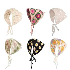 【送料無料】【新品未使用】バブーシュカ 鍵編みニット ヘッドドレス バンダナ スカーフ ボンネット かぎ編み お花モチーフ 花柄 韓国 レディース キッズ