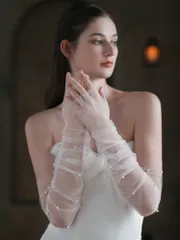 手袋 グローブ 演奏会 発表会 ブライダル 花嫁 ウェディンググローブ 演奏会 フォーメーション 社交ダンス パール飾り付きオーガンジーロンググローブ【送料無料 普通郵便での発送】