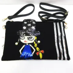 未使用 Lyre リタちゃんバッグ ショルダーバッグ 2way 斜め掛け スパンコール ブラック ポーチ 3893 刺繍 薄マチショルダー 鞄 クラッチバッグ  ビジュー E131LF