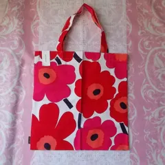 マリメッコmarimekkoスクエアエコバッグ白地ピンクウニッコ柄