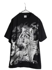 【お得なクーポン配布中!】 90s USA製 アニマル アート イラスト 大判 プリント Tシャツ XL 黒