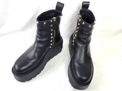 ヴァレンティノ ロックスタッズ レザー サイドジップ 厚底 ショートブーツ サイズ38 ブラック VALENTINO