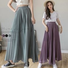 プリーツ ワイドパンツ レディース 体型カバー 春 シフォン ガウチョパンツ
