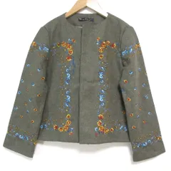 美品 45R フォーティファイブアール ku・Ra・si ウール100％ フラワー刺 ノーカラージャケット サイズ3 グレーカーキ系 レディース 古着 中古 USED