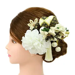 髪飾り 成人式 つまみ細工 振袖 前撮り 袴 花 4点セット 白 ゴールド ちりめん 剣つまみ 玉飾り 房 下がり 組紐 麻の葉 和柄 No.9-5026