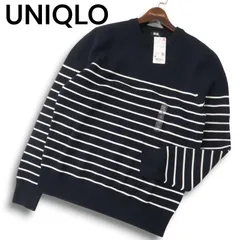 新品★ UNIQLO ユニクロ ボーダー ウォッシャブル ストレッチ ミラノ リブ クルーネック ニット セーター Sz.M　メンズ 紺