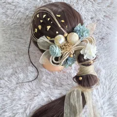 ヘッドドレス 髪飾り＊結婚式 成人式 卒業式 和装 打掛 振袖 袴~ボリューム多め リボン パール 和玉 ロープ 水引 金箔~ブルーグリーン 青 水色 17本