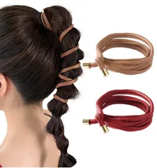 [Herbeluemily] ヘアアクセサリー ワイヤーポニー ヘアゴム おしゃれ 髪飾り フェイクレザー 2本セット ブラウン レッド [ブラウン＋レッド]